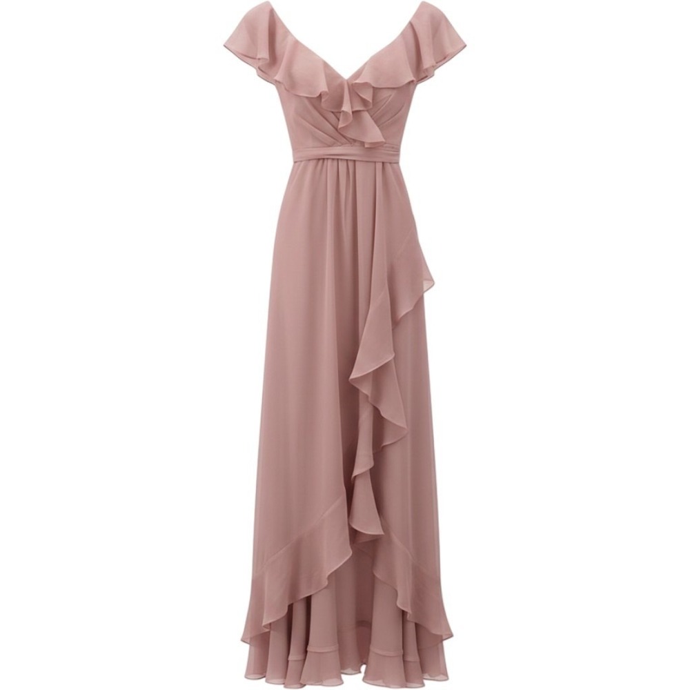 Unithorse Pink Chiffon Ruffle Maxi Dress V-Neck Wedding Guest Fairy Ballet Sz S